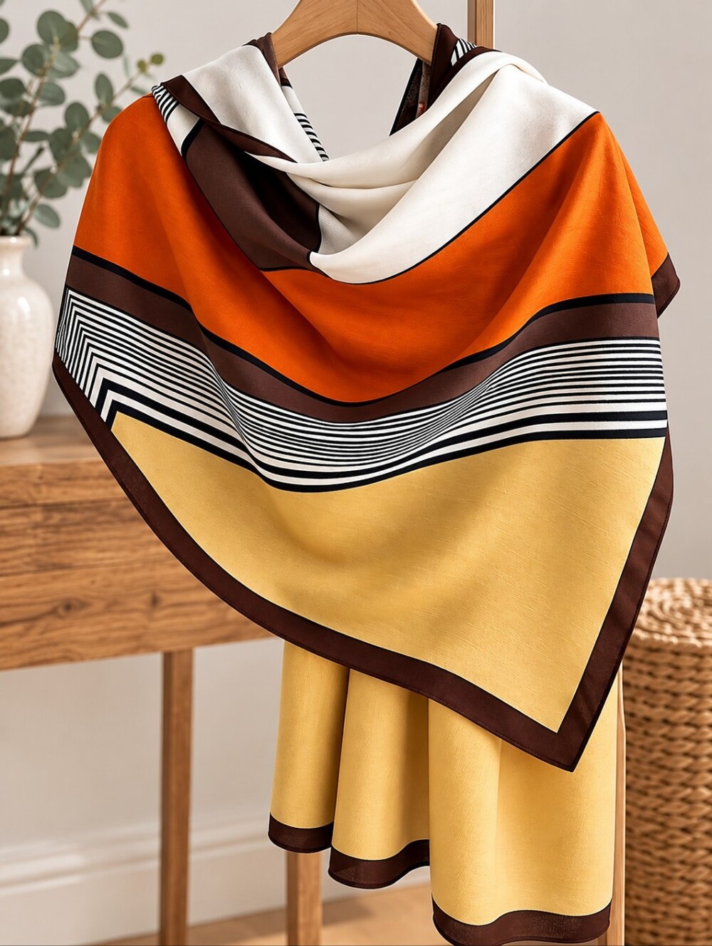 Women’s Geometric Scarf Orange Brown Gold Striped Lightweight Wrap 71x28 #5